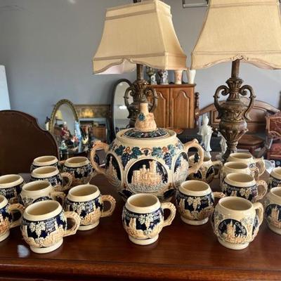 1950â€™s Antique Gerzit German Stoneware Punch Bowl with 16 Tureen Cups! Beautiful Set and in Very Good Condition. $100