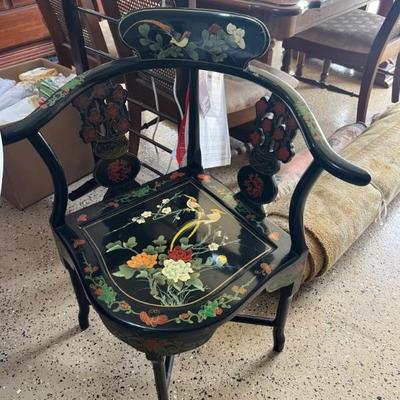 Black Lacquered Oriental Corner Chair. In Very Good Condition. $375