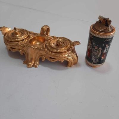 Antique Victorian Brass Inkwell with Double Wells $75. Antique Lighter $38