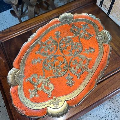 Vintage Florentine Orange tray with gold accents. Italian Wood. Made in Italy. 17