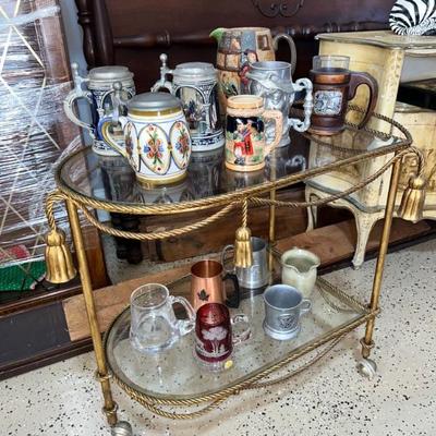 Collection of Steins and... Beautiful Vintage 1970's Hollywood Regency Italian Gilt Rope & Tassel Bar Cart. $275