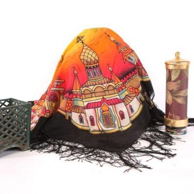 Hand painted Russian silk scarf, kaleidoscope, cast iron planter