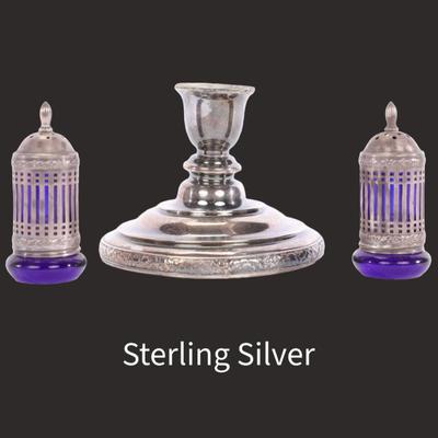 Sterling silver candle stick, salt/peppers