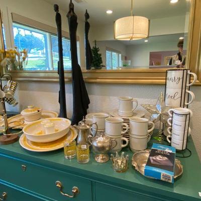 Bright and Beautiful Decoratives from Coffee cups by Sleigh Bell Bistro China and Espresso Cups and Goldtone large Mirror