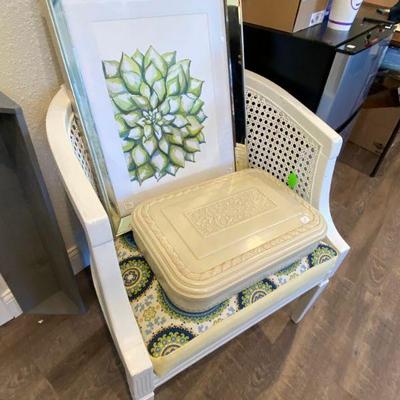 Barrel Wicker Chair with fabric cushion and Vintage Marshall White & Co Bakelite flatware case