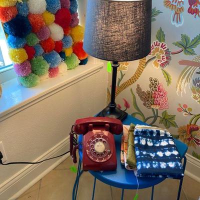 Two Blue medal end Tables, vintage phone and cool lamp
