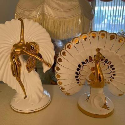 #1050 â€¢ Dancing Lady and Peacock Figurines with 24kt Pure Gold Accents
