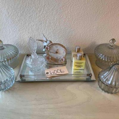 #6006 â€¢ Glass Jars, Lotion, Clock & Mirrored Tray
