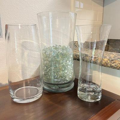 FTK036- (3) Glass Vases Together With Decorative Glass Beads