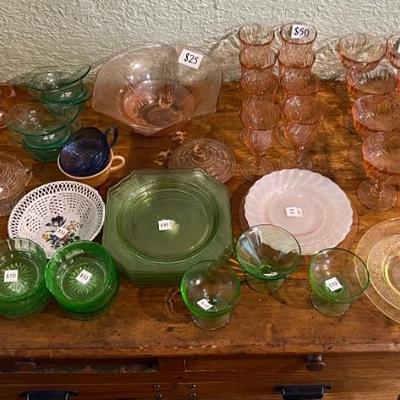 Several pieces of depression glass
