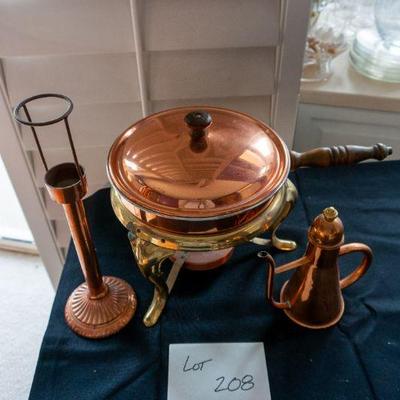 208	Globe-Ware Chaffing Dish, Brass Teapot. Brass Candle Holder	$50.00
