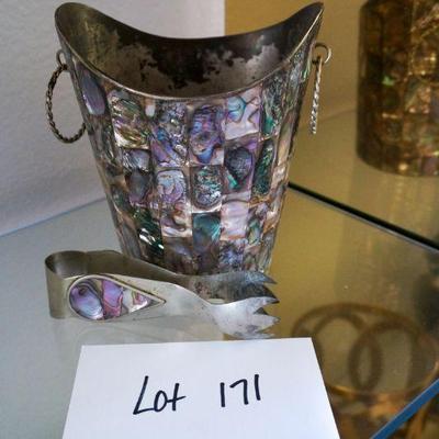 171	Vintage Mexican Silver & Abalone Ice Bucket w Tongs 	$95.00
