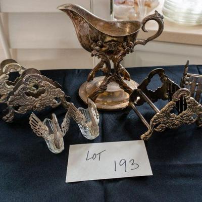 193	2 Swan Salt Sellers, 2 Towle Silver Plated Napkin Holders, 2 Towle Silver Plated Knife holders, Silver Plated  Gravy Boat	