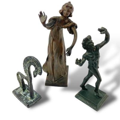 #60 â€¢ Brass Figurines - Dancing Satyr, Etrucan Horse & Blindfolded Woman
