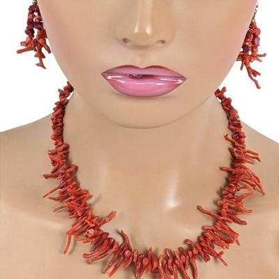 #80 â€¢ Red Coral and 14K Necklace with Matching Earrings
