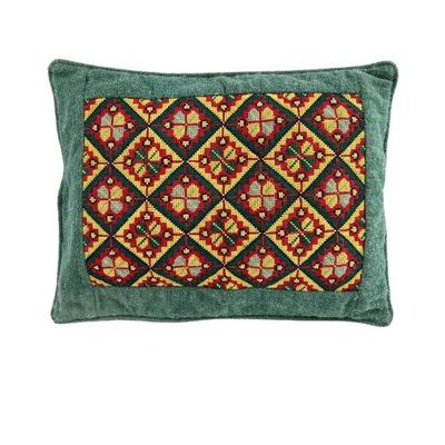 #219 â€¢ Mid-Century Throw Pillow of Ethnic Hand-Stitched Needlepoint and Knubby Nylon Upholstery Fabric
