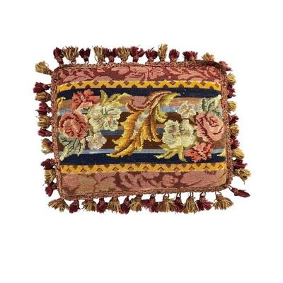 #206 â€¢ Antique French-Style Victorian Needlepoint Tapestry Pillow w/ Floral Decor and Tassel Trim
