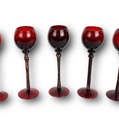 #67 â€¢ Set of 5 Vintage Ruby Red Cordial Stemware Glasses
