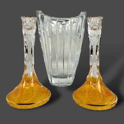 #36 â€¢ Lenox Crystal Vase & Vintage Candlesticks with Orange Base & Gold Rims
