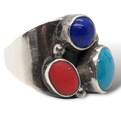 #24 â€¢ Sterling, Turquoise, Coral and Lapis Size 7.5 Ring
