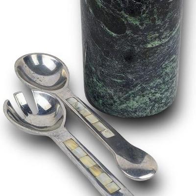 #75 â€¢ Green Marble Utensil Holder/Wine Cooler and Towle Silversmith Pewter Salad Servers
