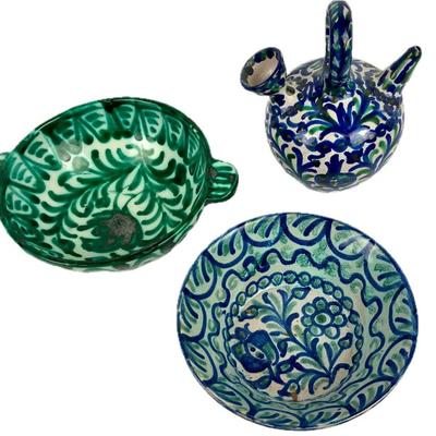 #39 â€¢ Three Spainsh Pottery Pieces in Cobalt Blue & Emerald Green - Ceramica Arabe, Granada
