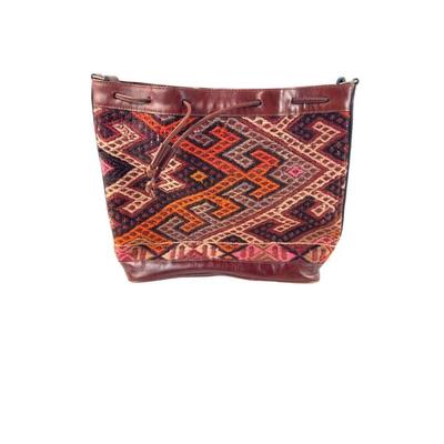 #85 â€¢ Vtg Hand Woven Kilim Wool and Leather Drawstring Turkish Tote Bag
