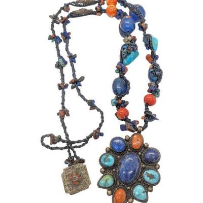 #88 â€¢ Tibetan Box / Gemstone Sterling Pendant Necklace with Coral Turquoise Lapis
