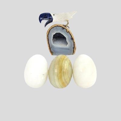 #74 â€¢ Agate Calcite Polished Eggs and Toucan Crystal on Agate Geode
