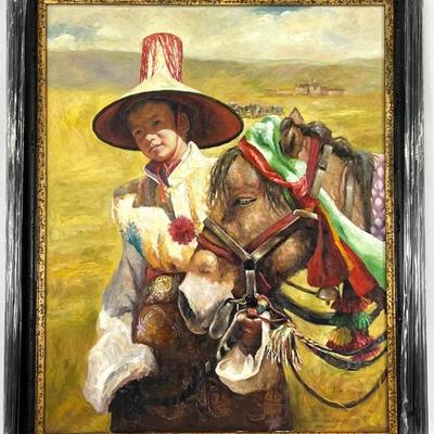 #36 â€¢ Large Framed and Signed Oil Painting on Canvas - Tibetan Boy & Horse
