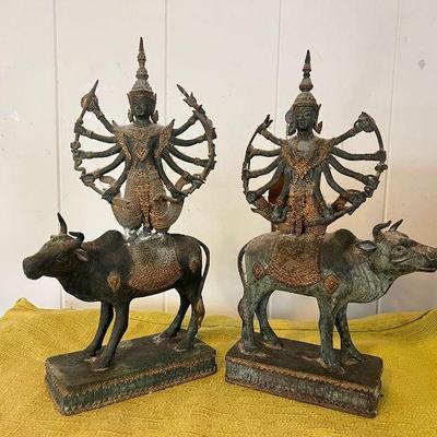AHT044- (2) Brass 10 Arm Shiva Kneeling Over Nandi Figurines