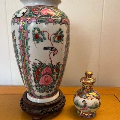 AHT027- Rose Medallion Vase & Chinese Floral Shoyu Bottle