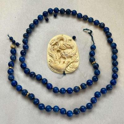 AHT260 Lapis Lazuli Bead Necklace With Carved Dragon Pendant As Is