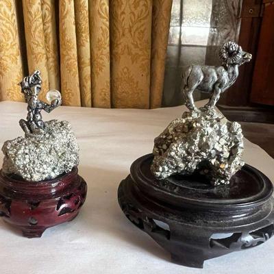AHT290- Pewter Ram & Dragon On Pyrite Cluster