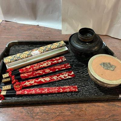 AHT113 Japanese Serving Tray, Jade Chopsticks & Rice Bowls