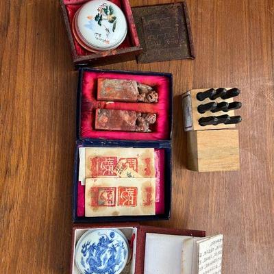 AHT178- Vintage Asian Chop Stamps & Red Ink Paste 