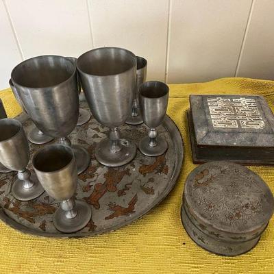 AHT069- Assorted Pewter Goblets, Trays & Jewelry Boxes