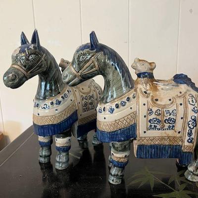 AHT003- Pair Of Blue & Biege Ceremic Horses
