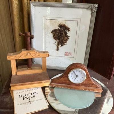 AHT257- Vintage Wooden Flower Press, Framed Pressed Flower, Wooden Mantle Clock & More