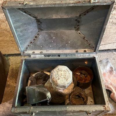 AHT338- Vintage Metal Box With Various Lead Pieces