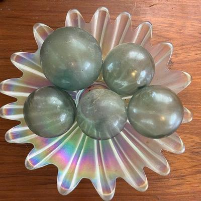 AHT133- Vintage Mini Glass Floats With Iridescent Carnival Glass Bowl 