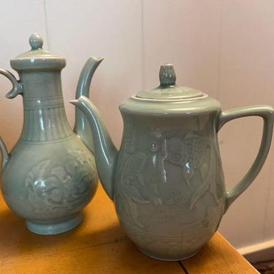 AHT002- Vintage Celadon Porcelain Ewer With Lid & Koi Tea Pot