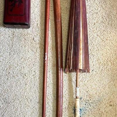 AHT256- Vintage Walking Canes, Opium Pillow & Asian Paper Umbrella 