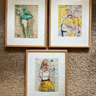 AHT128- (3) Framed Drawings/Sketches Pen & Watercolor