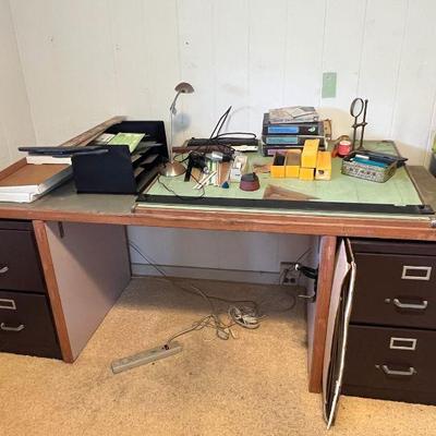 AHT126- Vintage Wooden Work Desk/Drafting Table With Metal File Cabinets 