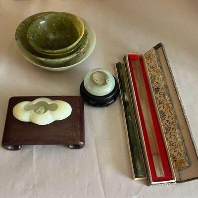 AHT279- Assorted Stone Bowls & Jade Chopsticks & Trinket Bowls 
