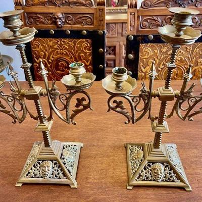 Lot 053-K: Ornate Candelabra Pair

Description: 
â€¢	Brass vintage candelabras
â€¢	Probably are Spanish in origin, acquired by our...