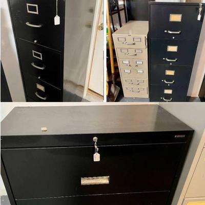 Lot 117-G: Assortment of File Cabinets

Description: 
â€¢	2 4-drawer black file cabinets (with keys)
â€¢	1 6-drawer index card tan file...