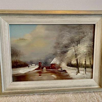 Lot 075-BR1: Dutch Winter Scene

Features: 
â€¢	A snowy still-life of a tree line, bridge, and man on a barge, possibly on a canal
â€¢...