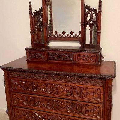 Lot 013-MBR: MC Spanish Revival Mirrored Dresser

Features: 
â€¢	This intricately-carved piece was likely purchased by our clients during...